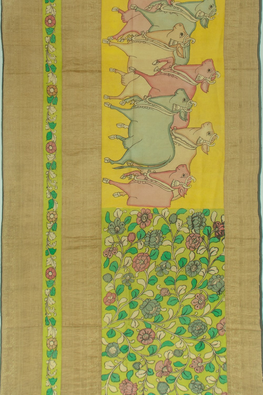 Kanchipuram Silk Kalamkari Yellow Saree