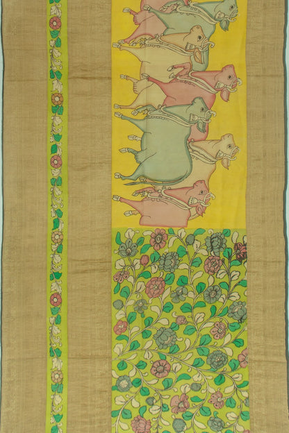 Kanchipuram Silk Kalamkari Yellow Saree