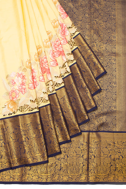 Kanchipuram Silk Plain Yellow Saree Embroidery With Cut Work Border