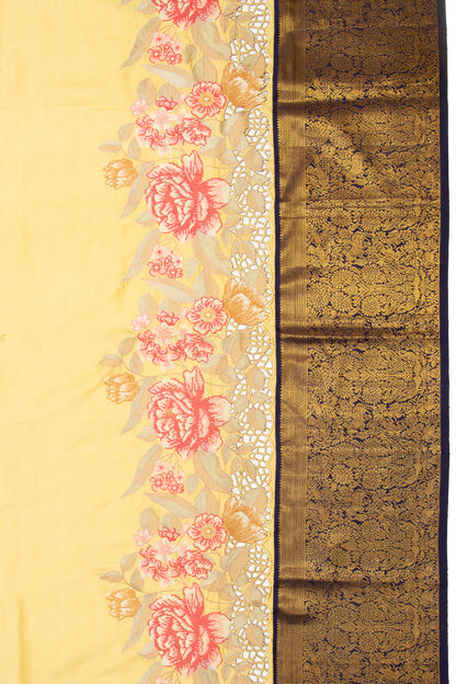 Kanchipuram Silk Plain Yellow Saree Embroidery With Cut Work Border