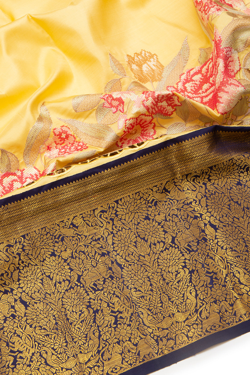 Kanchipuram Silk Plain Yellow Saree Embroidery With Cut Work Border