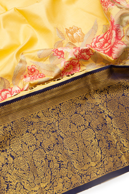 Kanchipuram Silk Plain Yellow Saree Embroidery With Cut Work Border