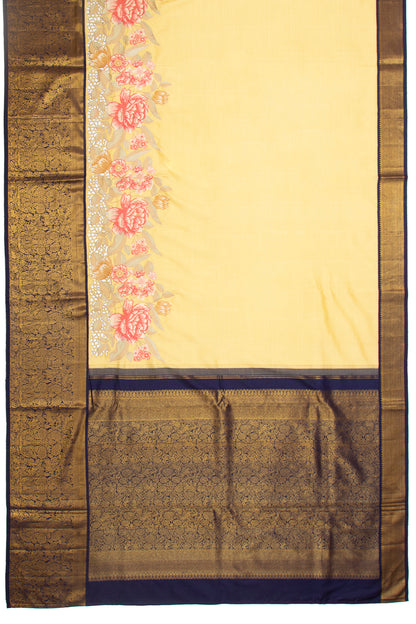 Kanchipuram Silk Plain Yellow Saree Embroidery With Cut Work Border