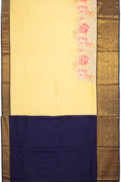 Kanchipuram Silk Plain Yellow Saree Embroidery With Cut Work Border