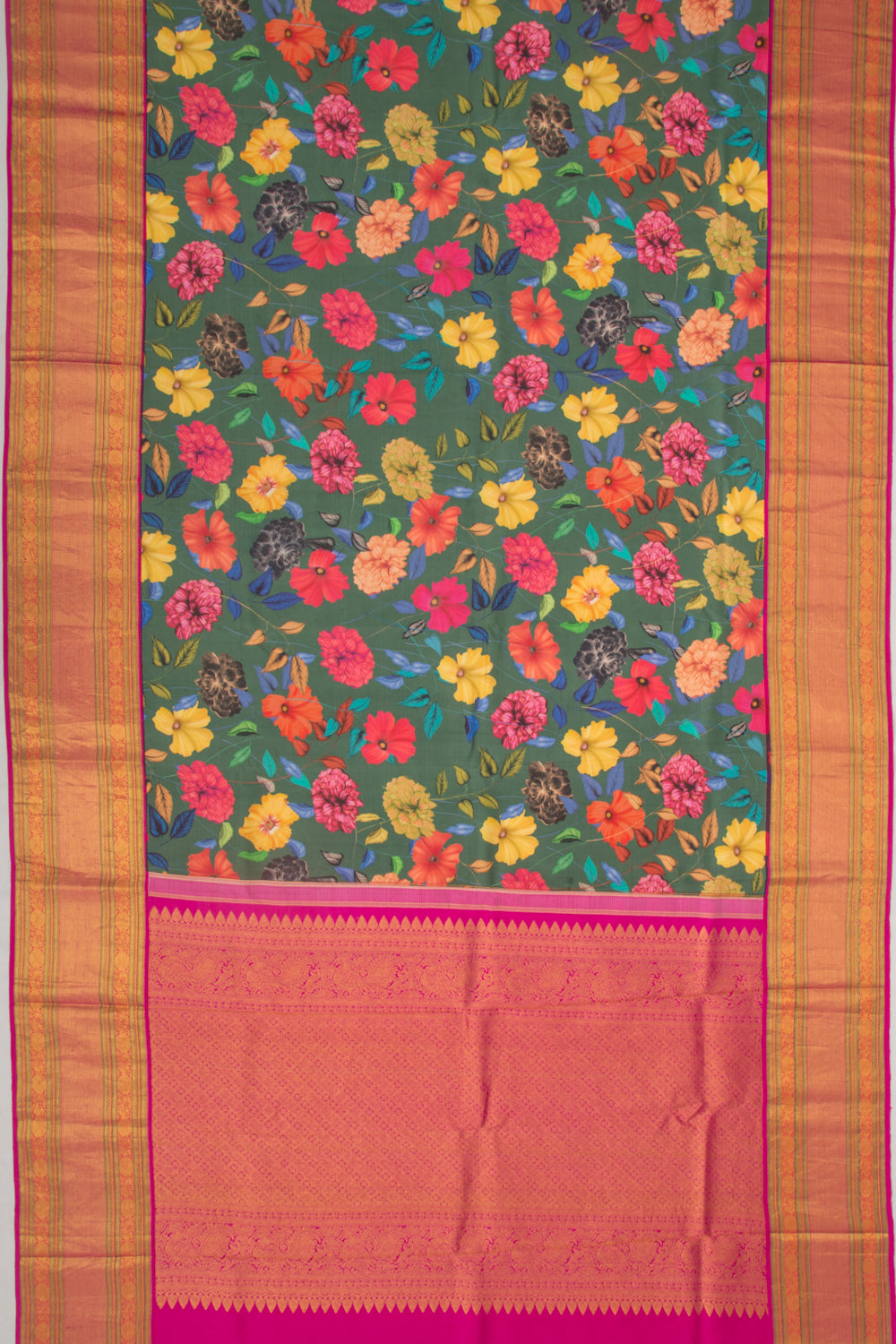 Kanchipuram Silk Floral Printed Green Saree