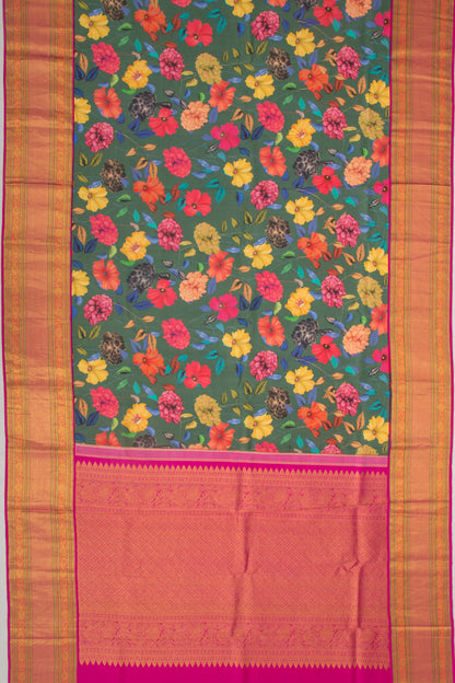 Kanchipuram Silk Floral Printed Green Saree