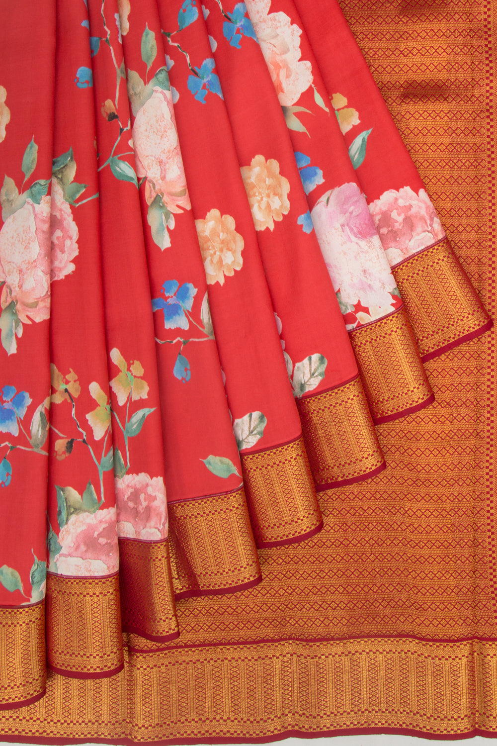 Kanchipuram Silk Floral Printed Tomato Red Saree