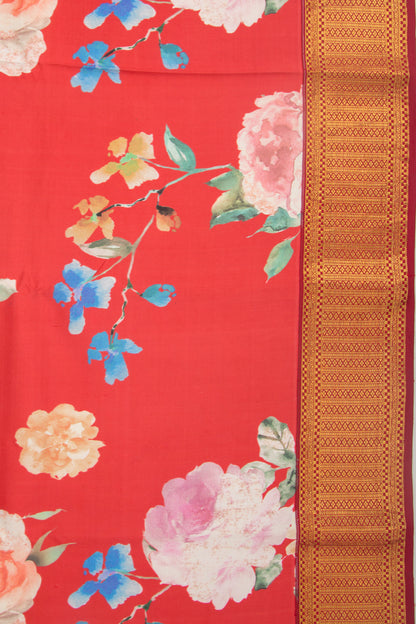 Kanchipuram Silk Floral Printed Tomato Red Saree