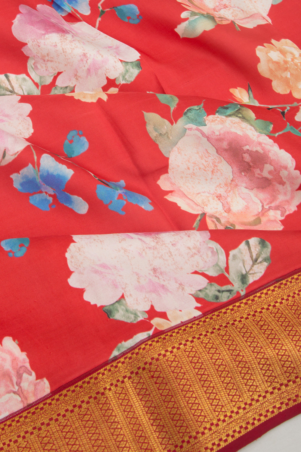 Kanchipuram Silk Floral Printed Tomato Red Saree