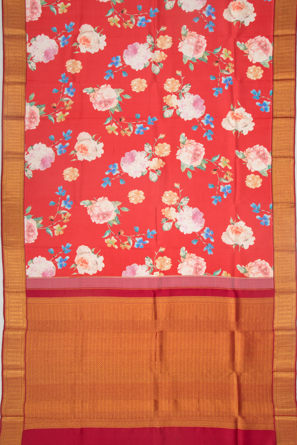 Kanchipuram Silk Floral Printed Tomato Red Saree