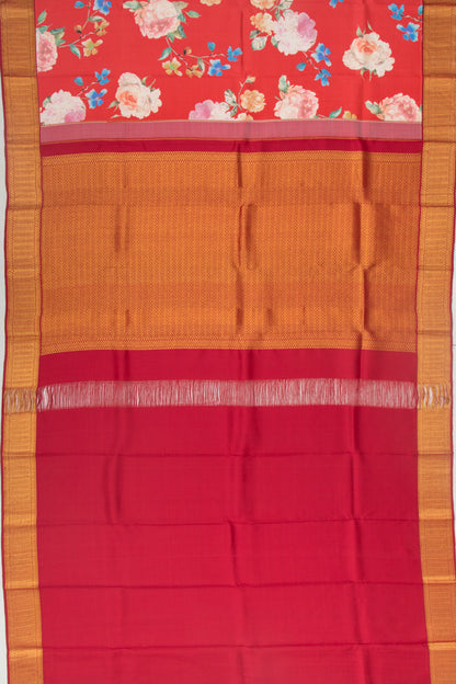 Kanchipuram Silk Floral Printed Tomato Red Saree