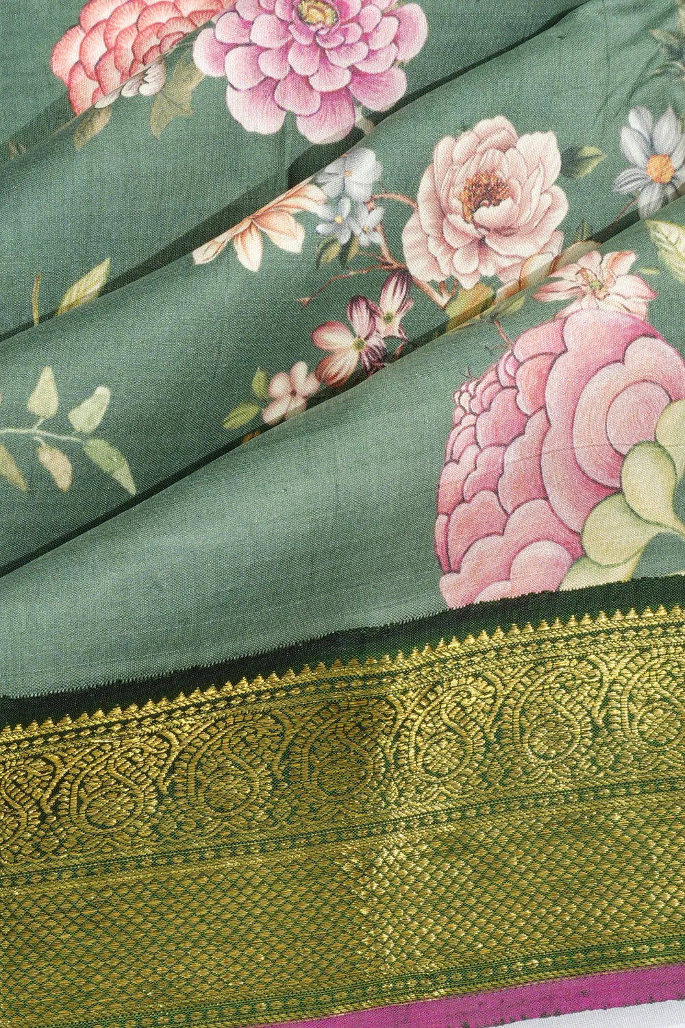 Kanchipuram Silk Floral Printed Green Saree
