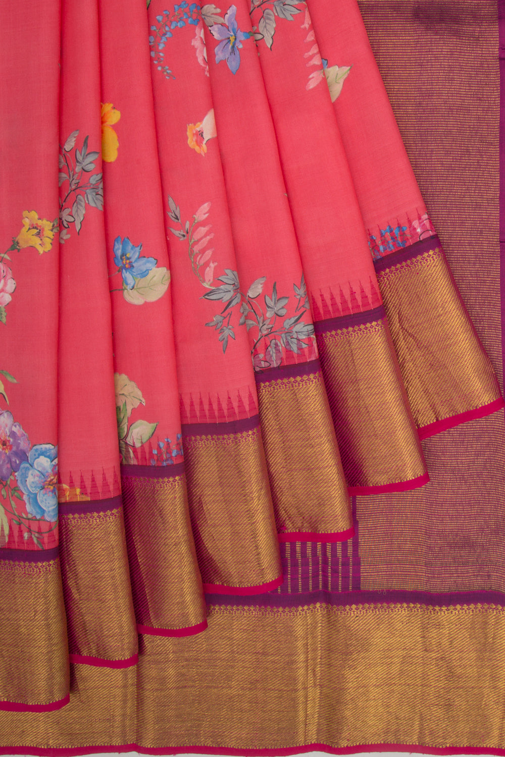 Kanchipuram Silk Floral Printed Cerise Pink Saree
