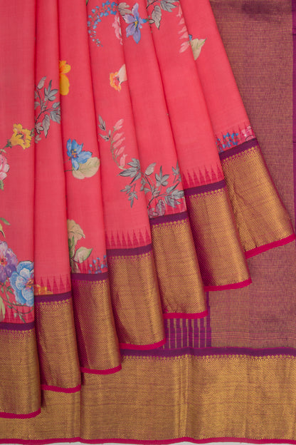 Kanchipuram Silk Floral Printed Cerise Pink Saree