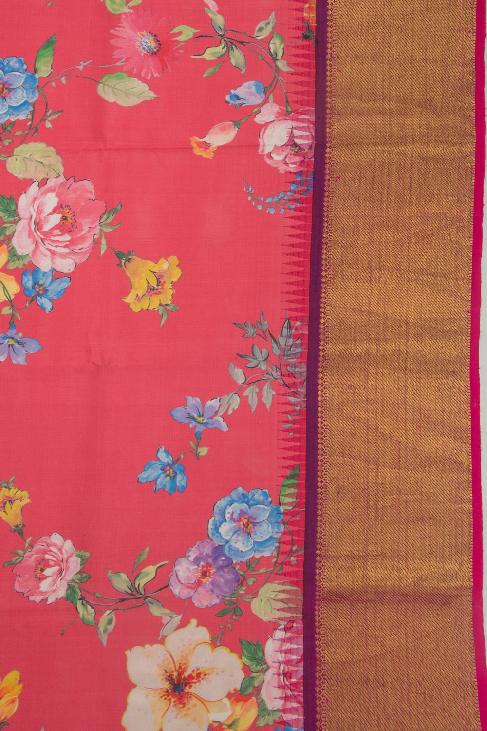 Kanchipuram Silk Floral Printed Cerise Pink Saree