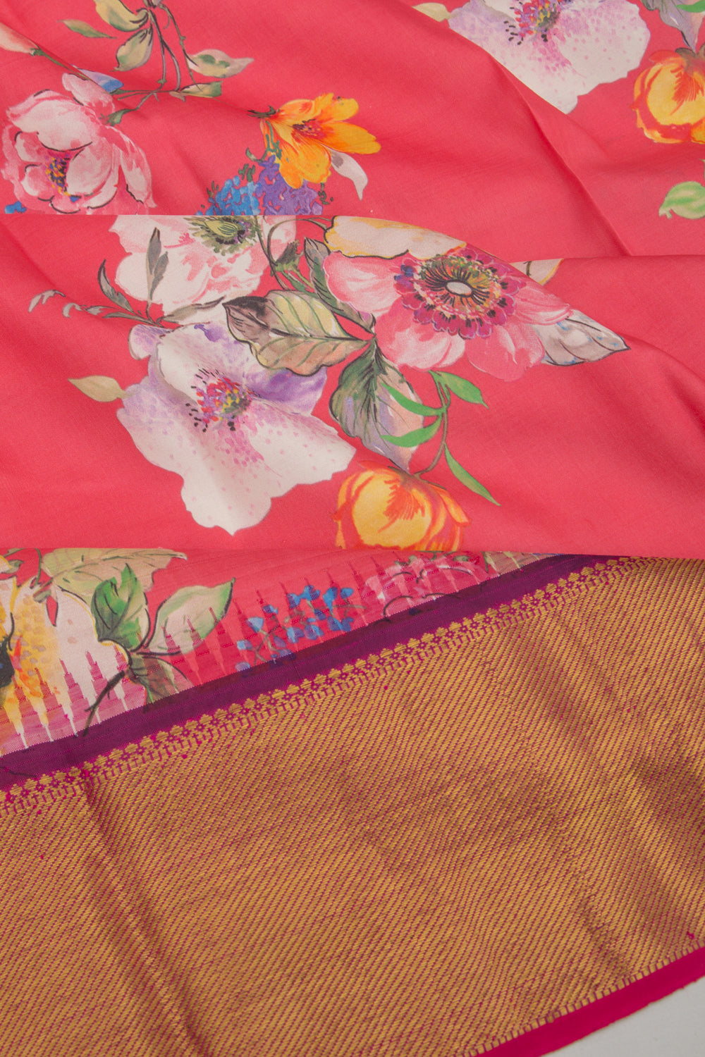 Kanchipuram Silk Floral Printed Cerise Pink Saree