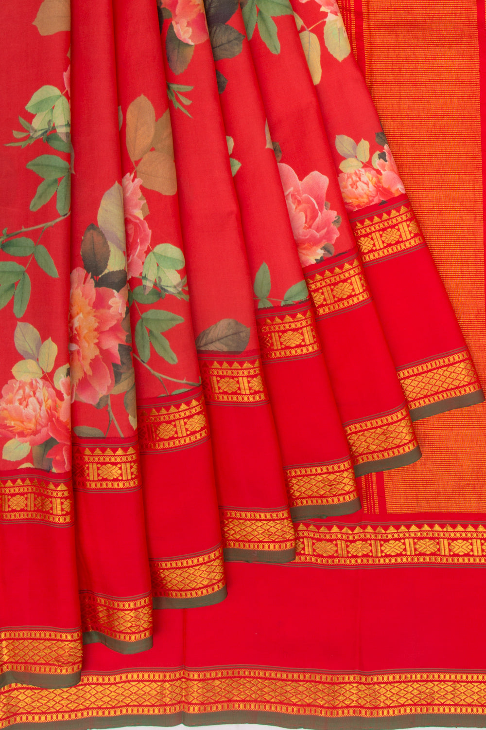 Kanchipuram Silk Floral Printed Red Saree