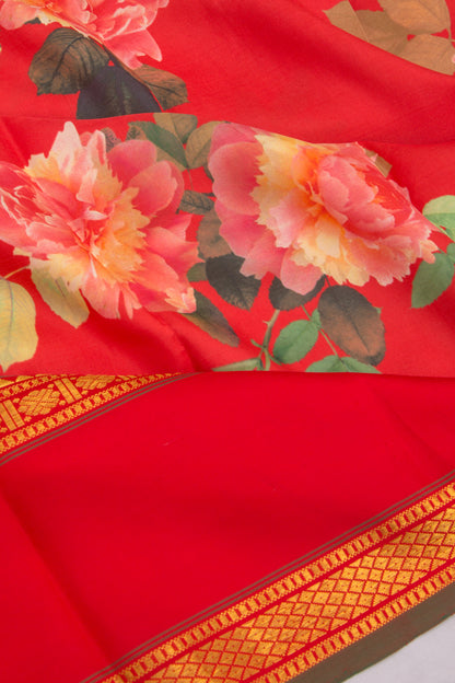 Kanchipuram Silk Floral Printed Red Saree