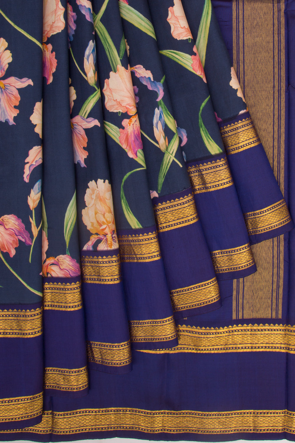 Kanchipuram Silk Floral Printed Dark Blue Saree