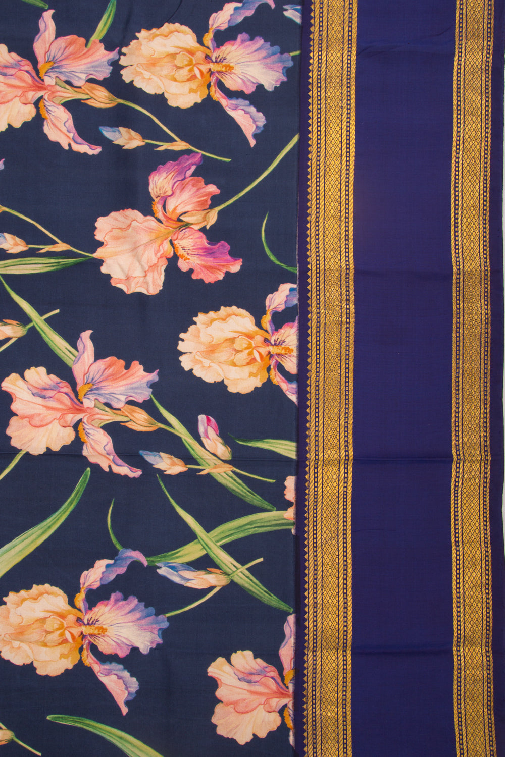 Kanchipuram Silk Floral Printed Dark Blue Saree