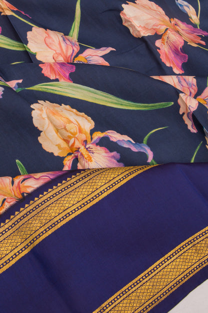 Kanchipuram Silk Floral Printed Dark Blue Saree