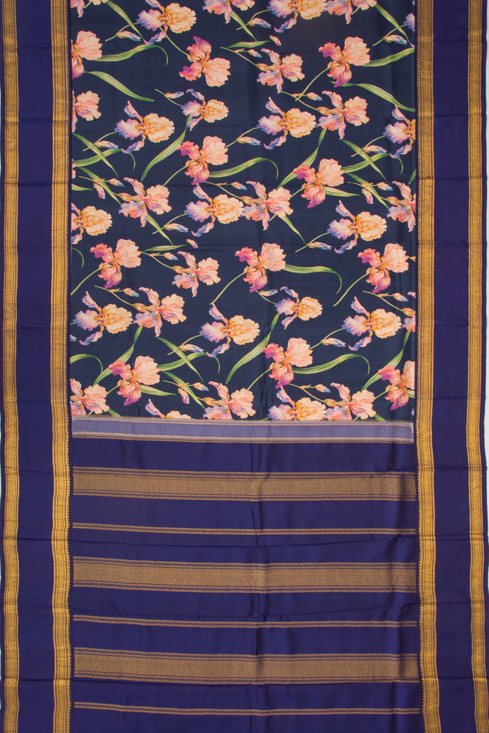 Kanchipuram Silk Floral Printed Dark Blue Saree