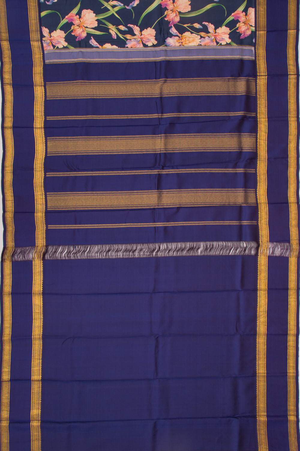 Kanchipuram Silk Floral Printed Dark Blue Saree