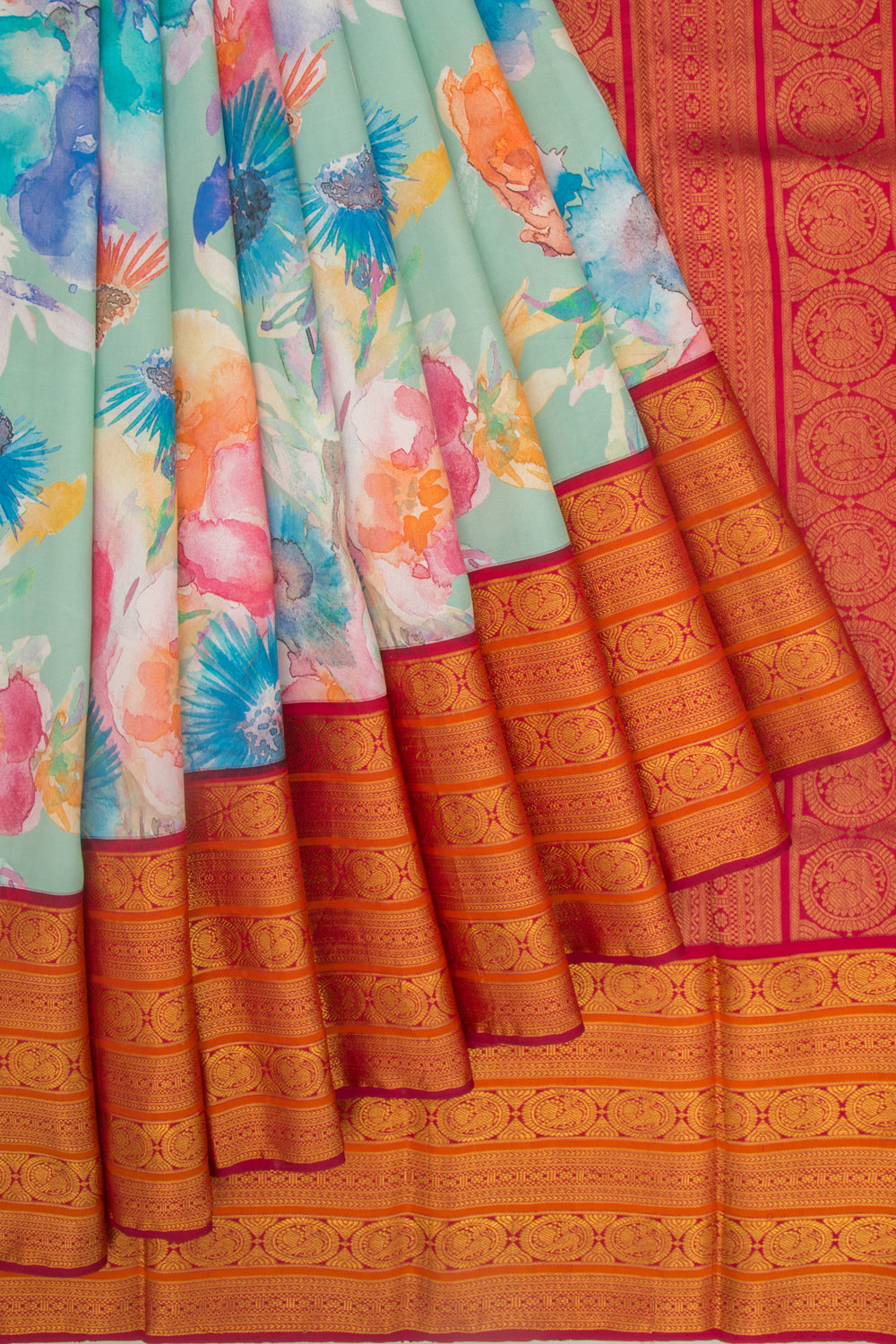 Kanchipuram Silk Floral Printed Pastel Blue Saree
