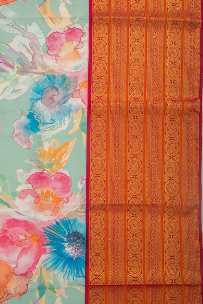Kanchipuram Silk Floral Printed Pastel Blue Saree