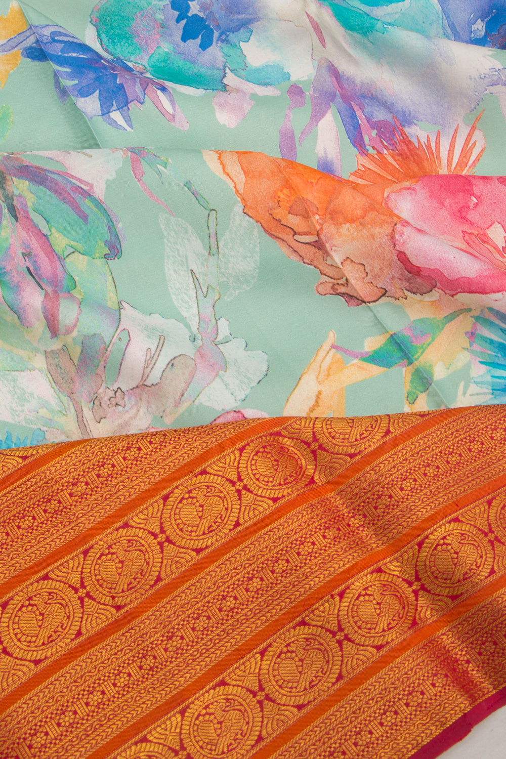 Kanchipuram Silk Floral Printed Pastel Blue Saree
