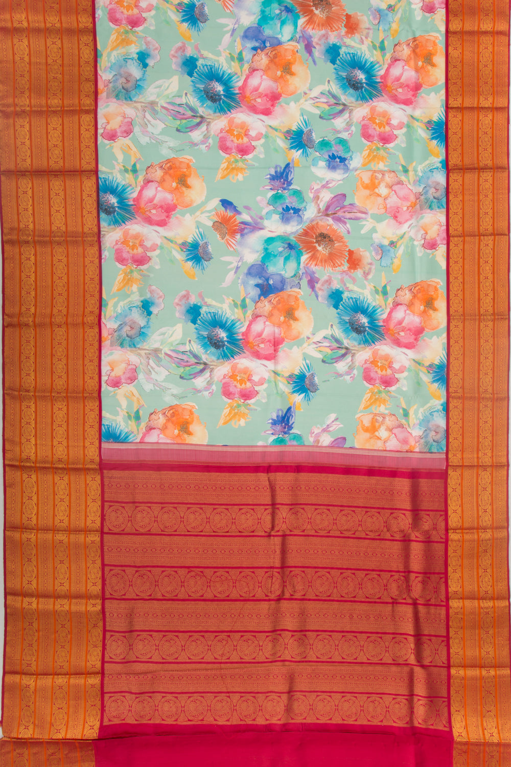 Kanchipuram Silk Floral Printed Pastel Blue Saree
