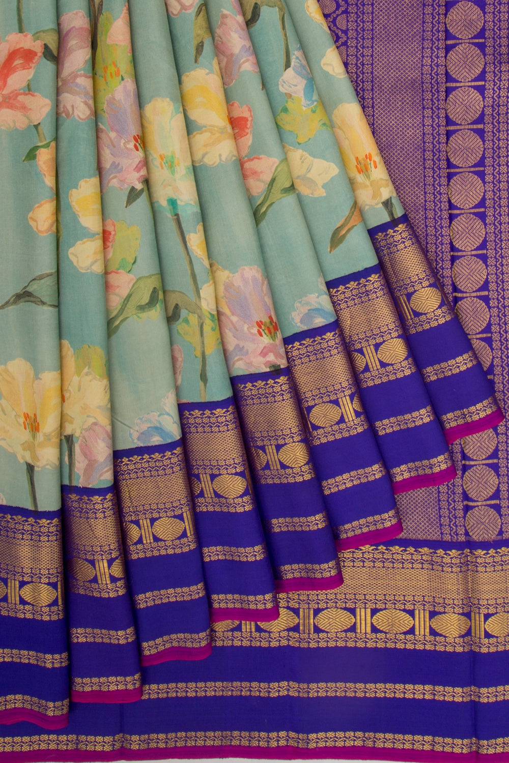 Kanchipuram Silk Floral Printed Pastel Blue Saree