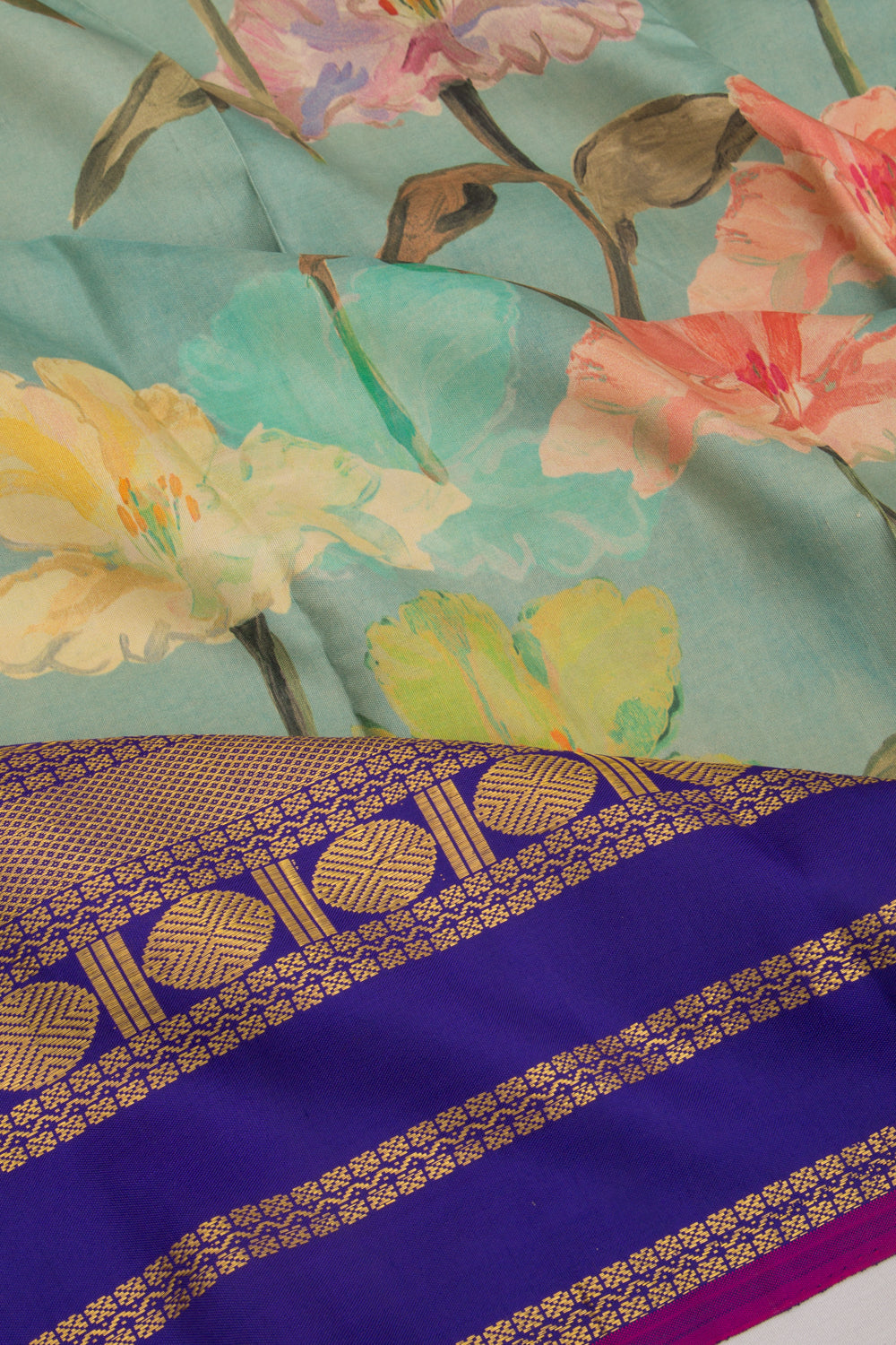 Kanchipuram Silk Floral Printed Pastel Blue Saree