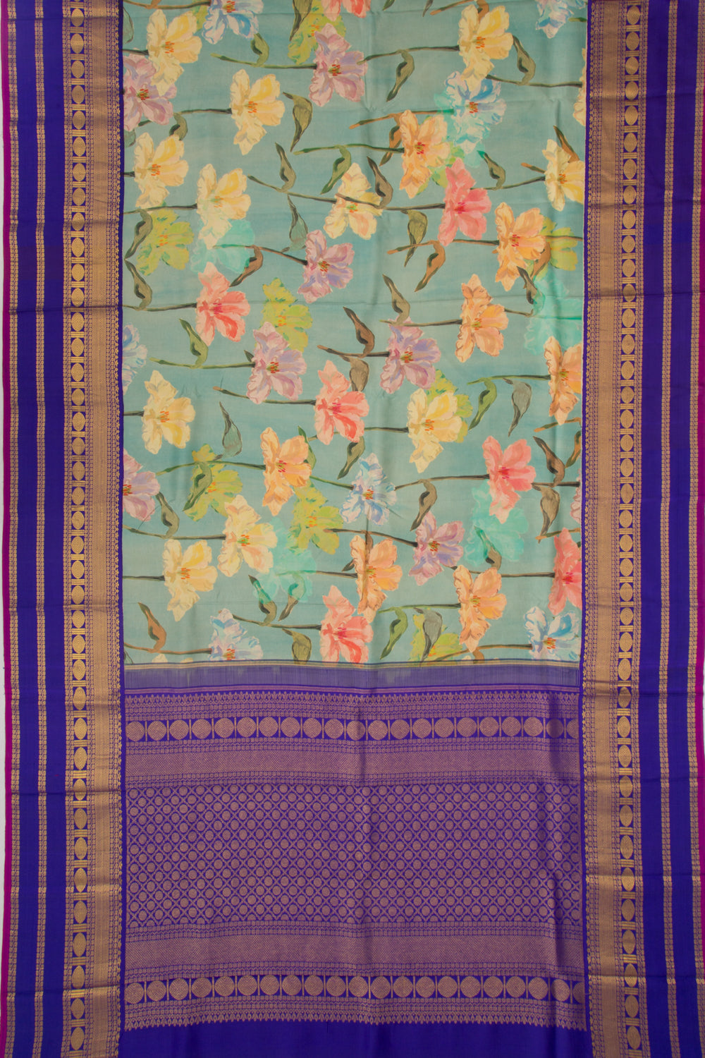Kanchipuram Silk Floral Printed Pastel Blue Saree