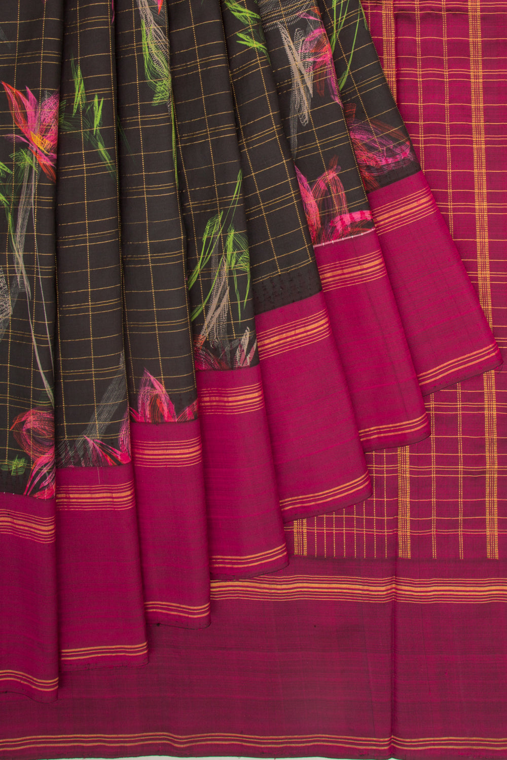 Kanchipuram Silk Checks And Printed Black Saree
