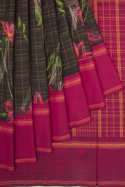 Kanchipuram Silk Checks And Printed Black Saree