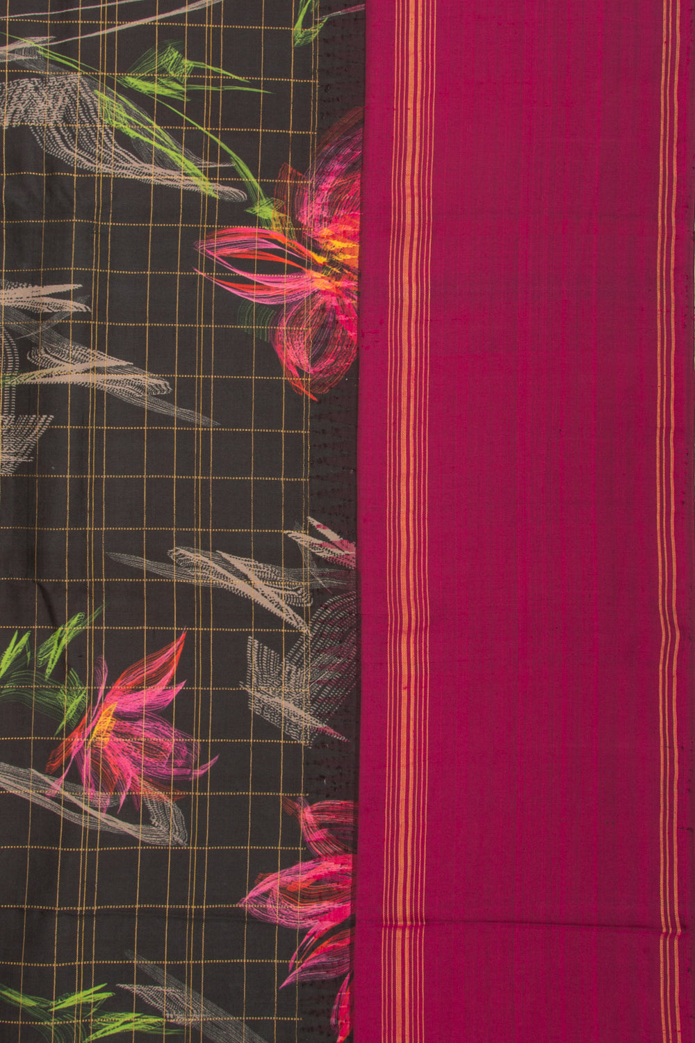 Kanchipuram Silk Checks And Printed Black Saree