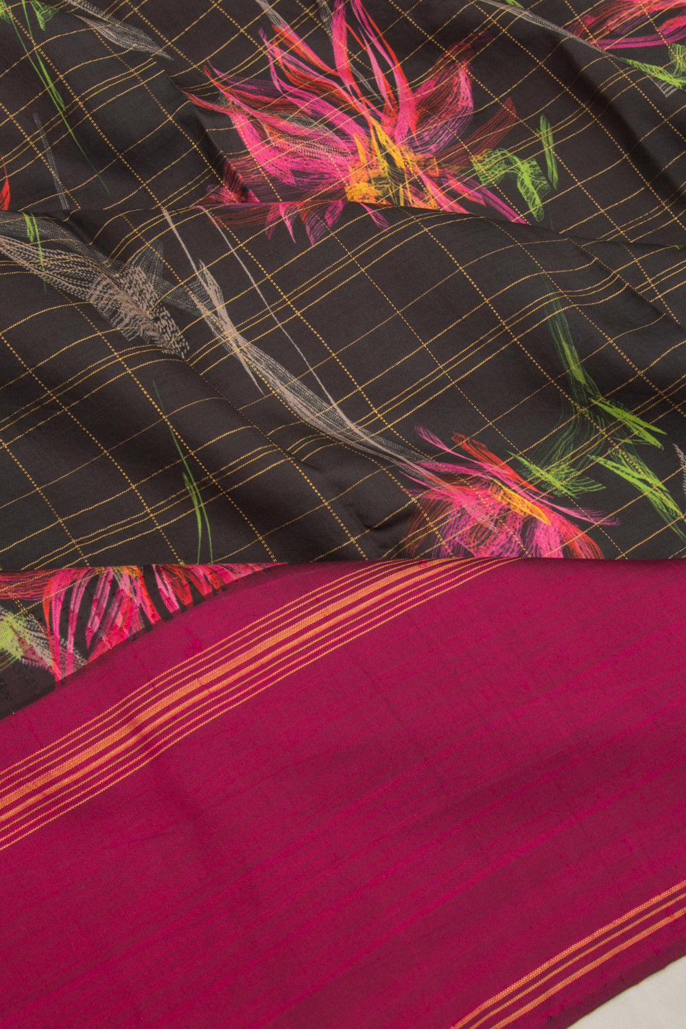 Kanchipuram Silk Checks And Printed Black Saree