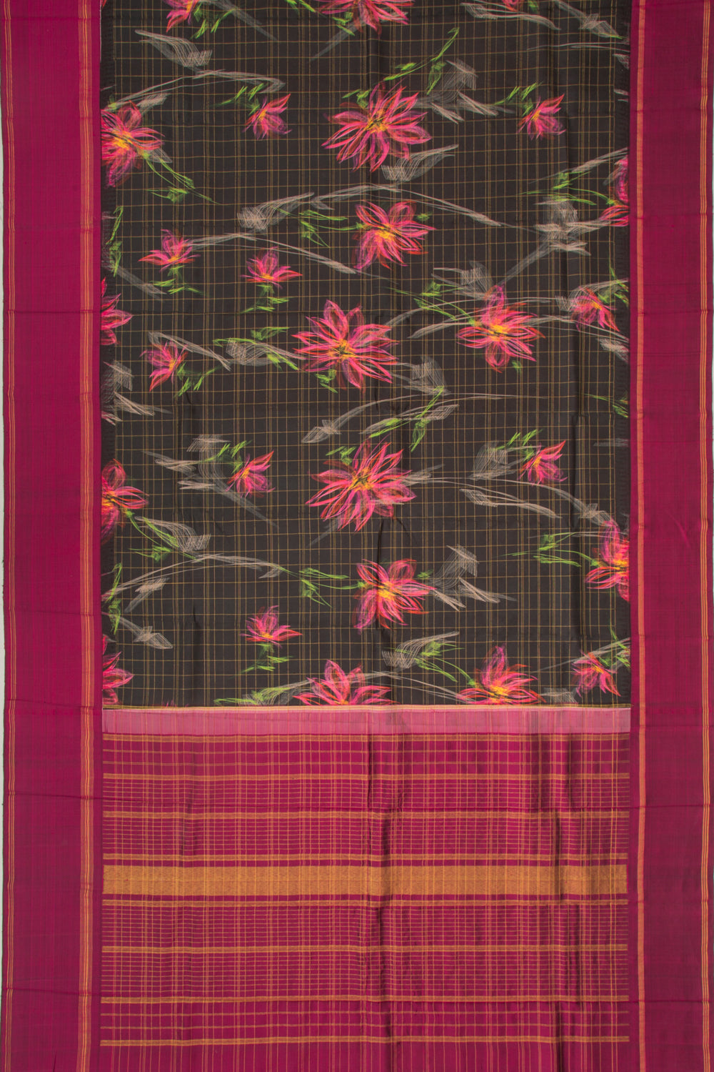Kanchipuram Silk Checks And Printed Black Saree