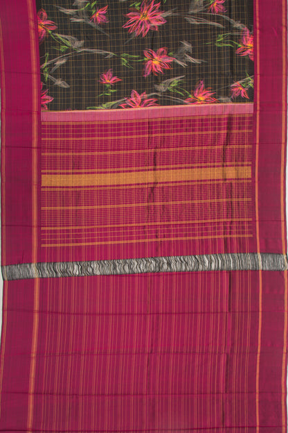 Kanchipuram Silk Checks And Printed Black Saree