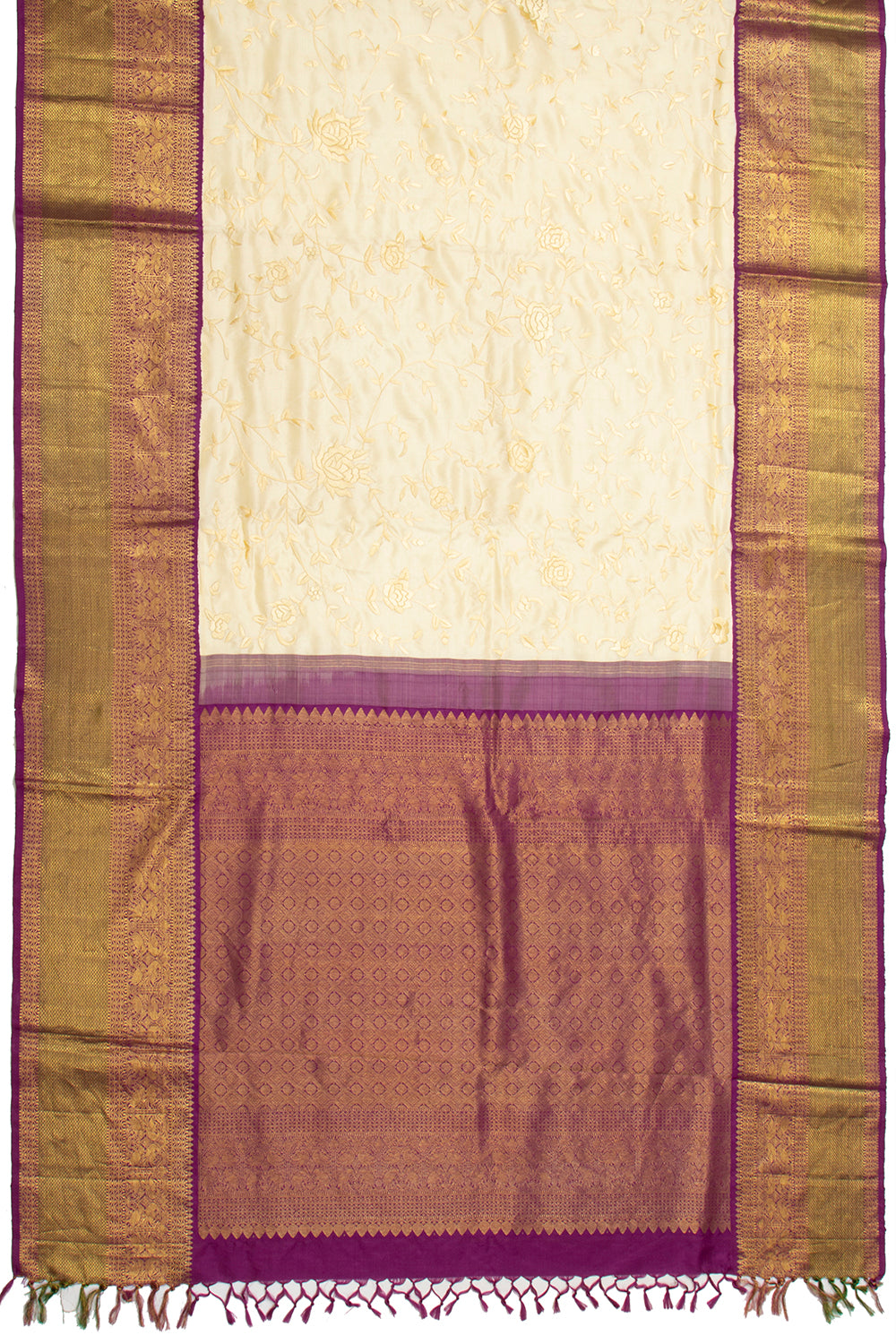 Parsi Gara Kanchipuram Silk Embroidery Cream Saree