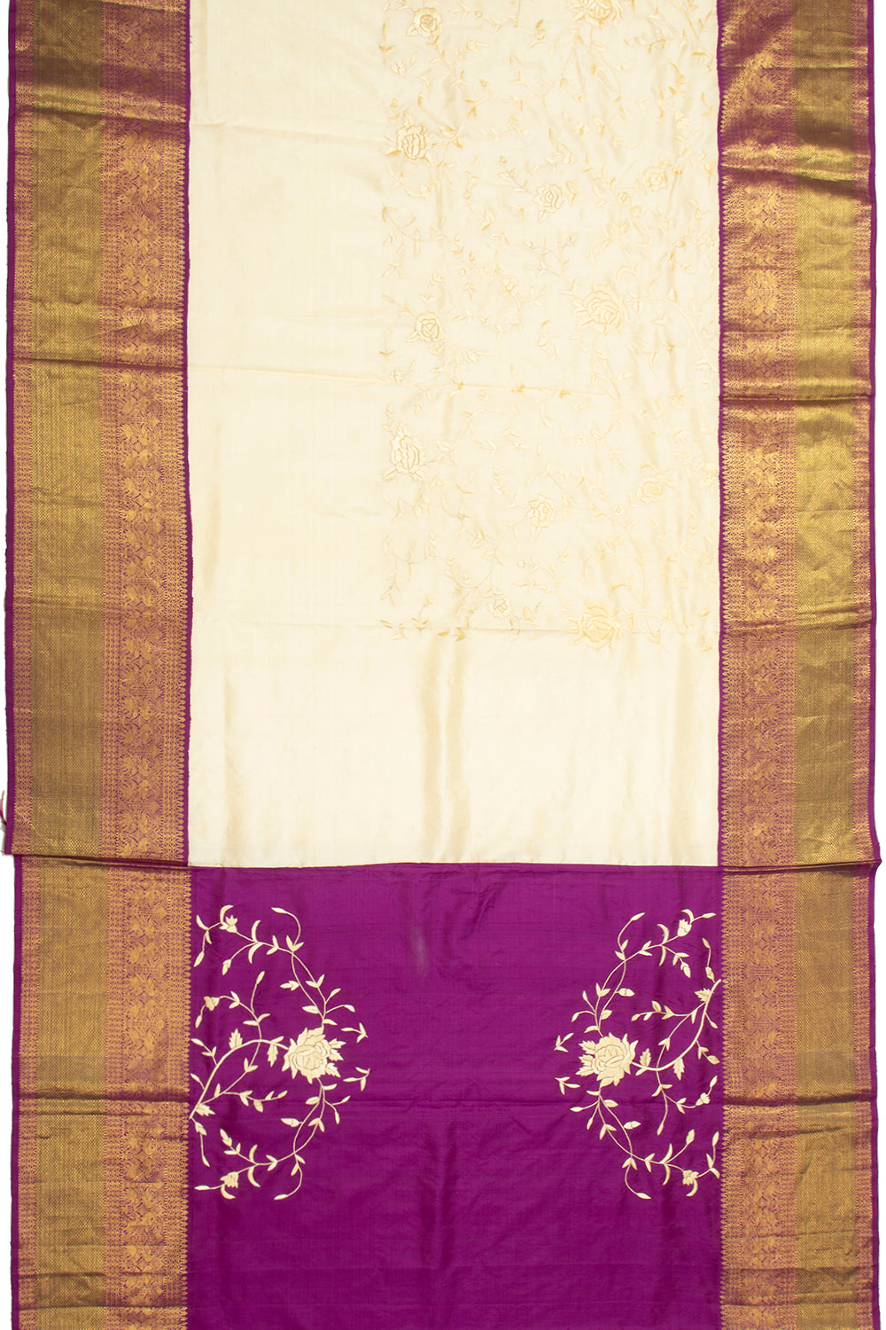 Parsi Gara Kanchipuram Silk Embroidery Cream Saree