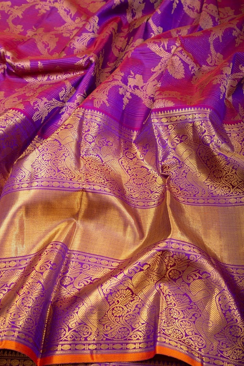 Kanchipuram Silk Oosi Lines And Jaal Purple Saree