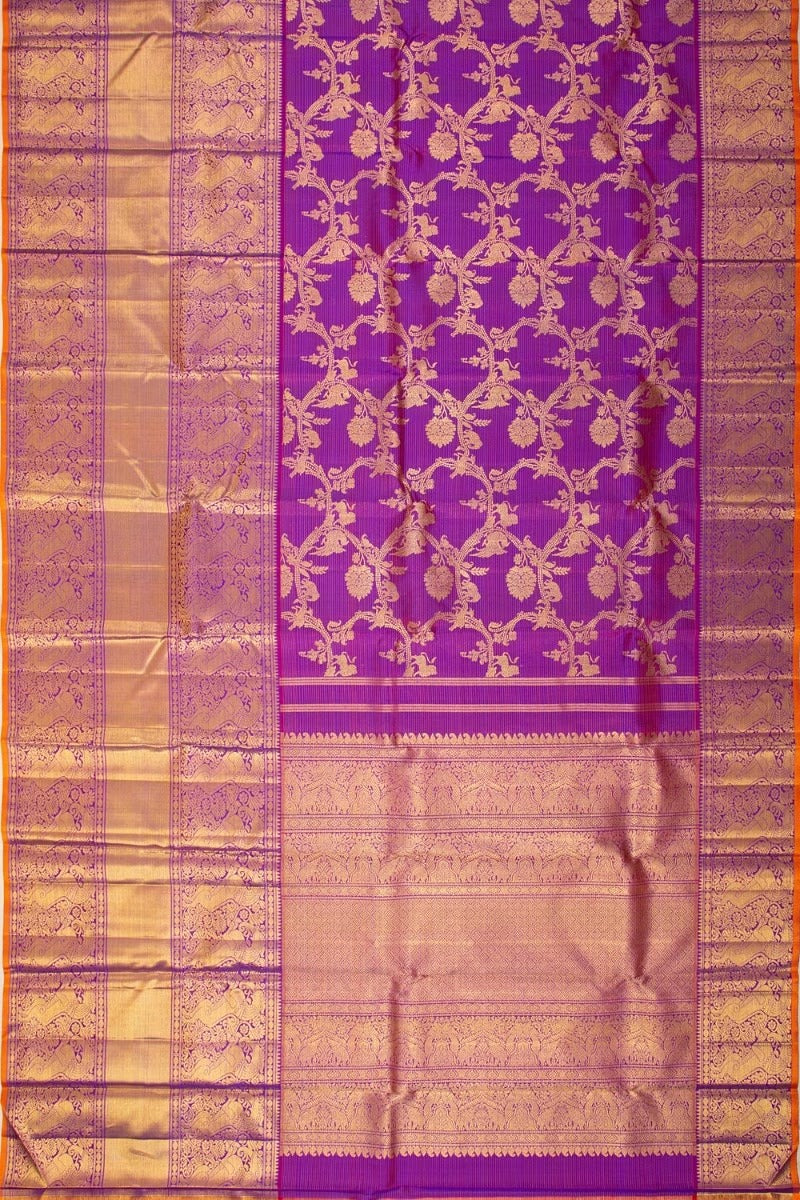 Kanchipuram Silk Oosi Lines And Jaal Purple Saree