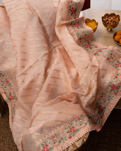 Organza Embroidery Lines Peach Saree
