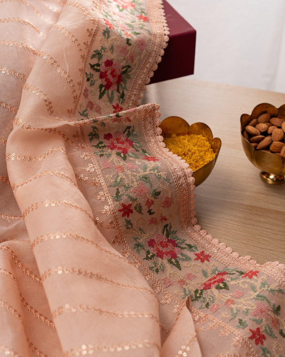 Organza Embroidery Lines Peach Saree