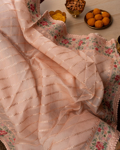 Organza Embroidery Lines Peach Saree