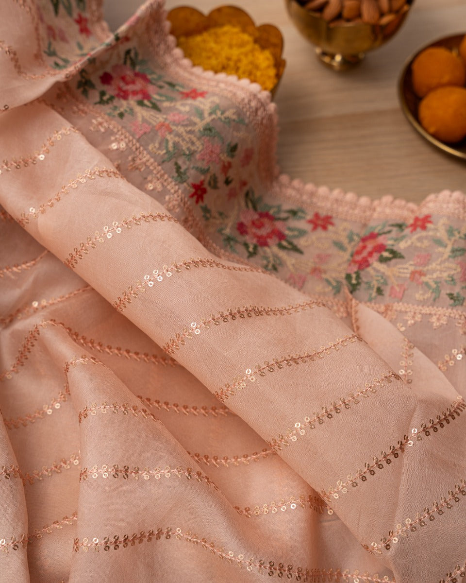 Organza Embroidery Lines Peach Saree