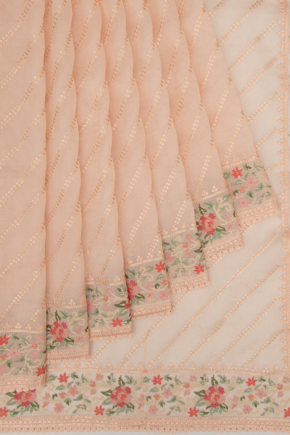 Organza Diagonal Lines Peach Saree
