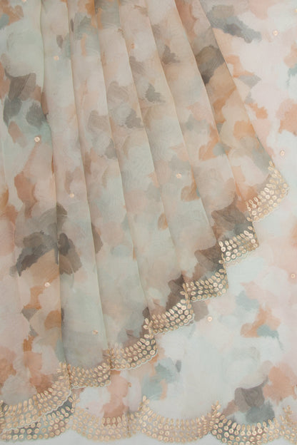 Organza Printed Off-White Saree With Scallop Border